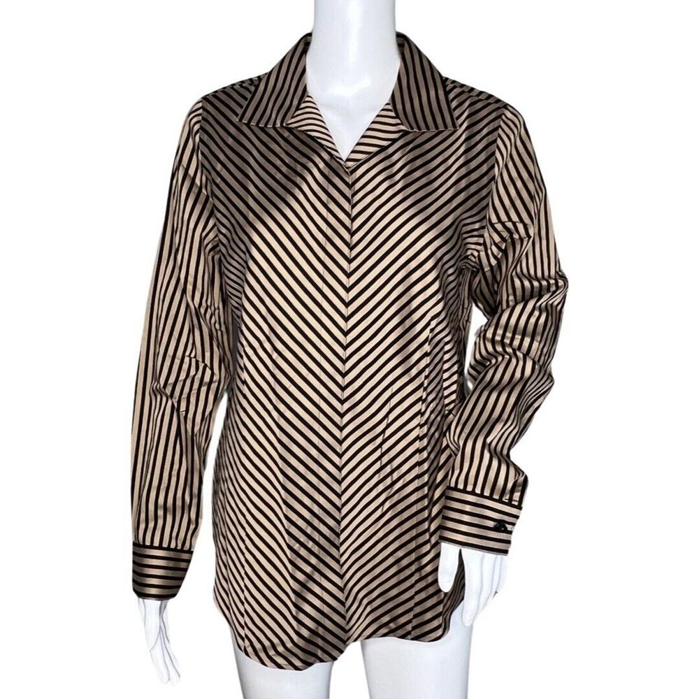 Chicos Shirt Womens Small 4 6 Black Tan Stripe Wrinkle Resistant Casual Career